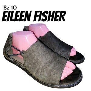 EILEEN FISHER Sz10 Taupe Gray Leather Open Toe Elastic Strap Sides Flats Sandals